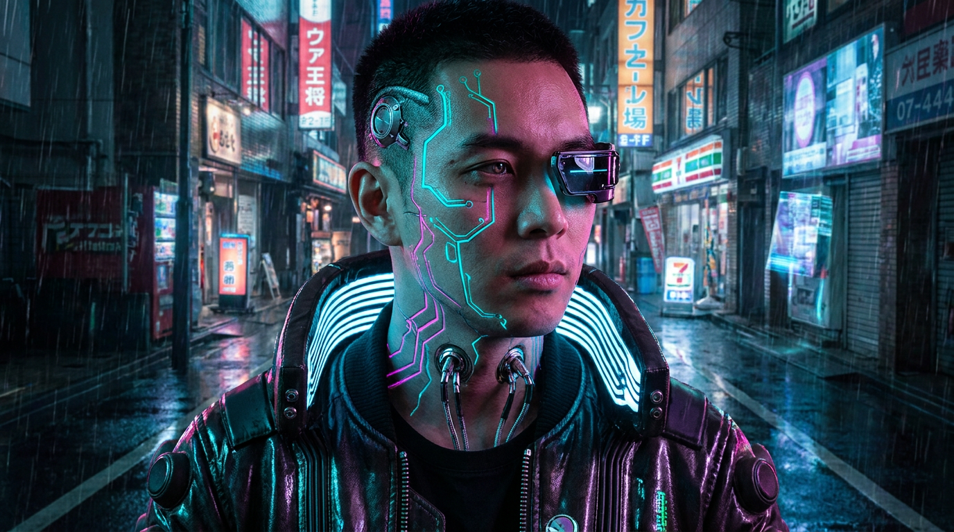Cyberpunk cyborg with neon circuit implants and an augmented eye visor generated on a photo with the AI cyborg generator