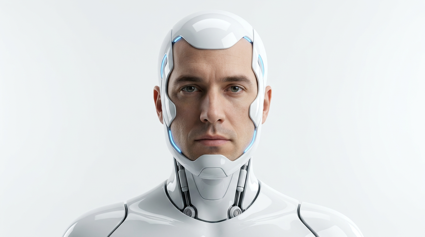 Sleek white android with glossy robotic panels and glowing LED accents made with the AI cyborg generator
