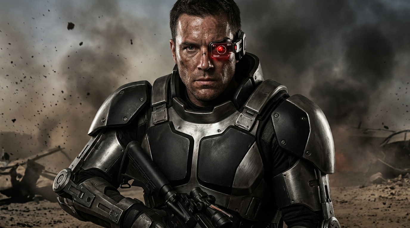 Heavily armored military combat cyborg with a tactical targeting eye created with the AI cyborg generator