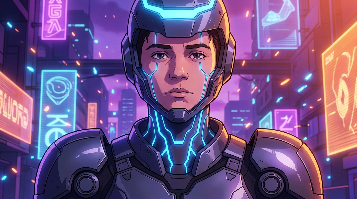 Anime-style cyborg with glowing energy-core lines and mecha armor made with the AI cyborg generator