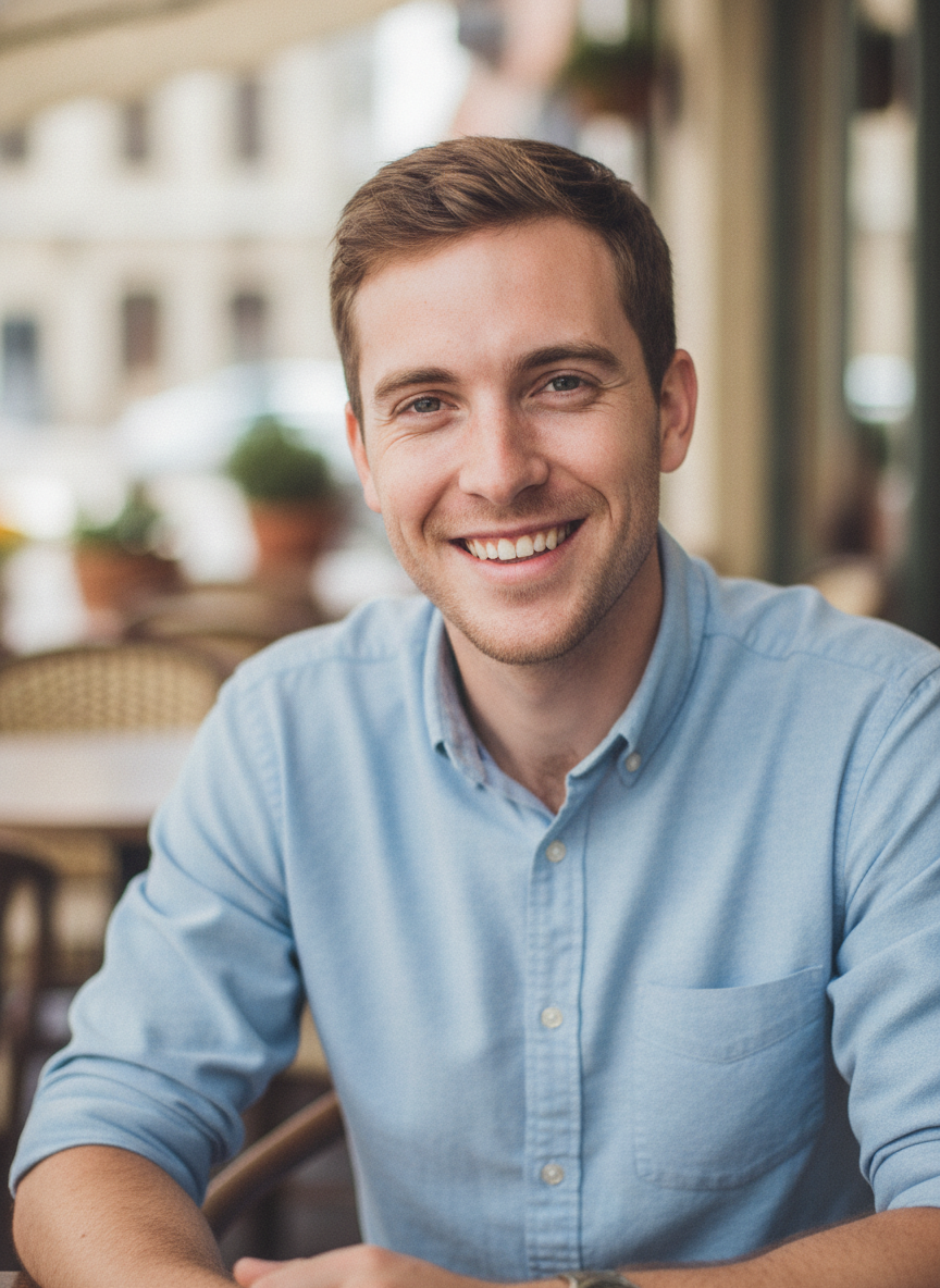 AI dating photo generator natural profile picture of a man with a genuine smile at a coffee shop terrace