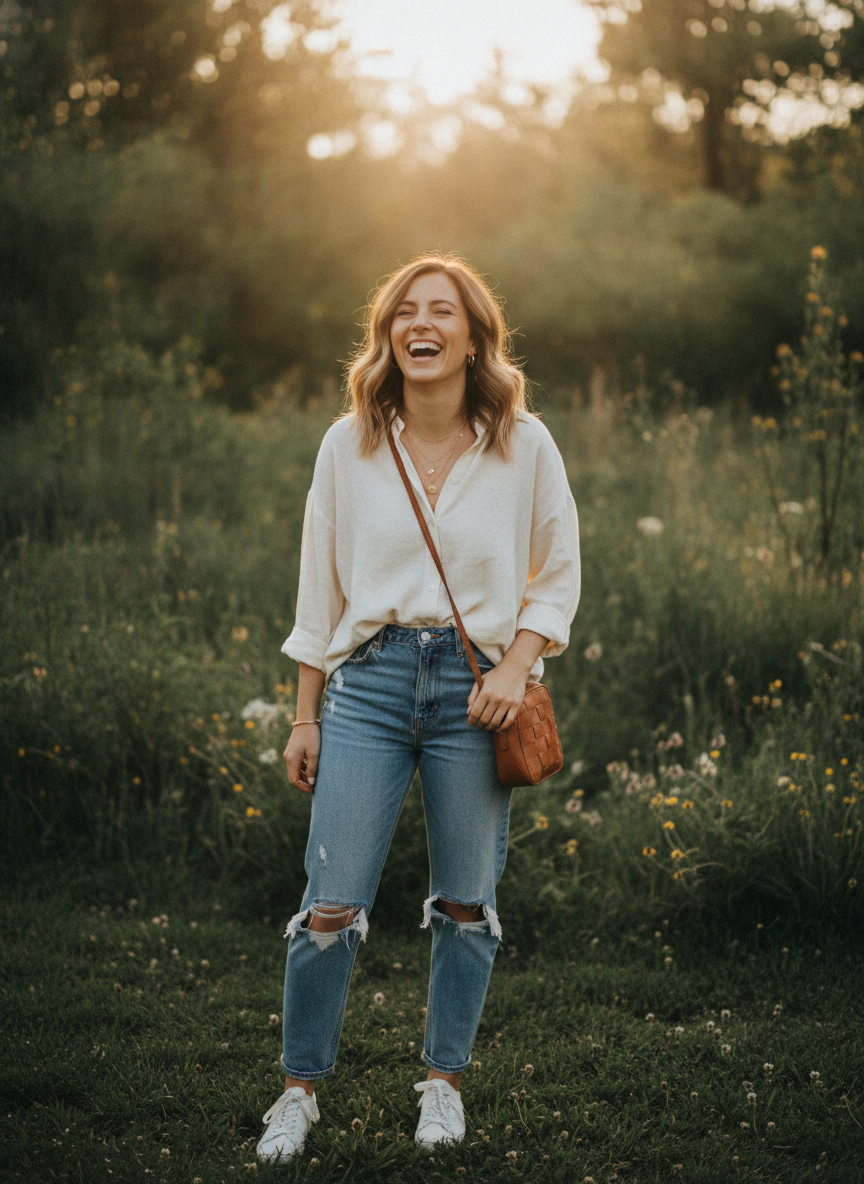 Golden hour dating profile photo of a woman laughing in a park created with the AI dating photo generator