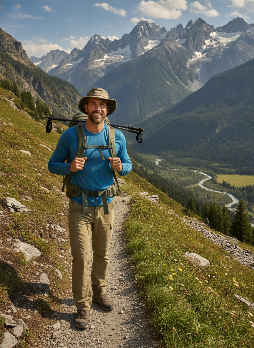 Adventurous dating profile picture of a man hiking on a mountain trail made with the AI dating photo generator