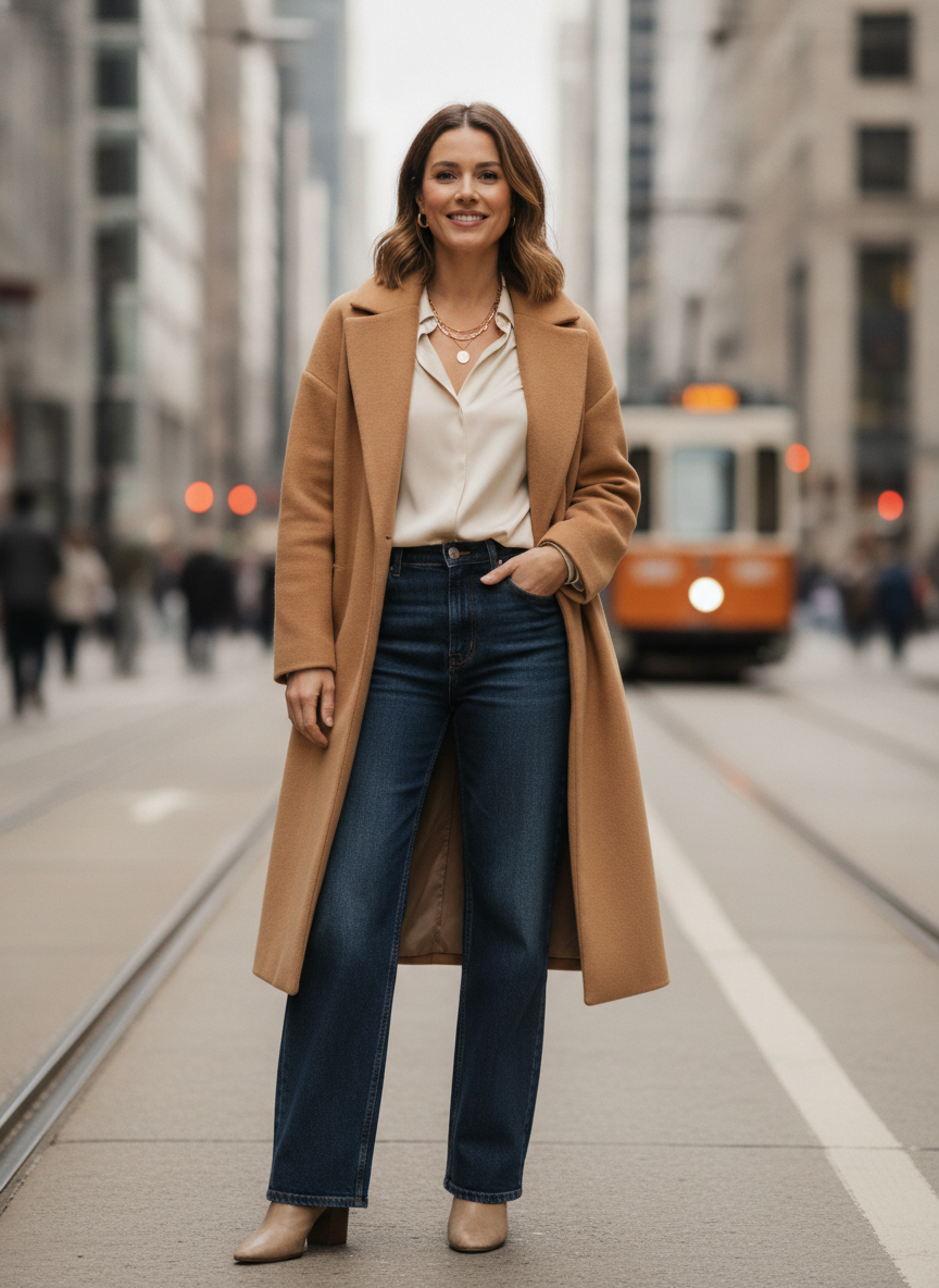 Stylish urban dating profile photo of a confident woman on a city street