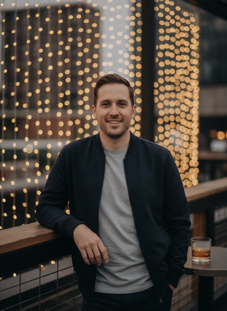 Charming evening rooftop dating profile picture of a man with warm bokeh lights