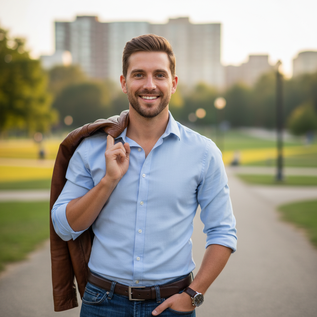 AI dating profile picture of a confident smiling man in a city park with soft bokeh, made by the AI dating profile picture generator