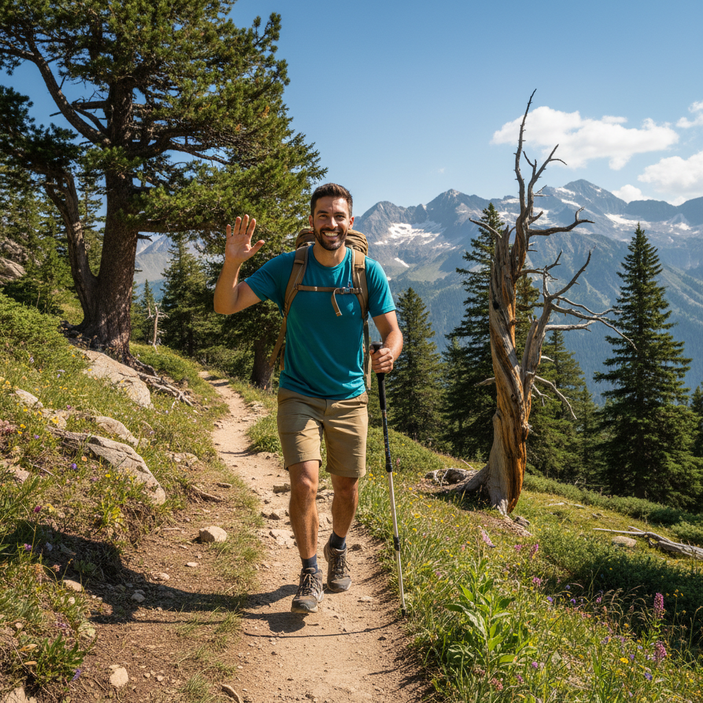 Adventurous dating app photo of a man hiking on a mountain trail, created by the AI dating profile picture generator