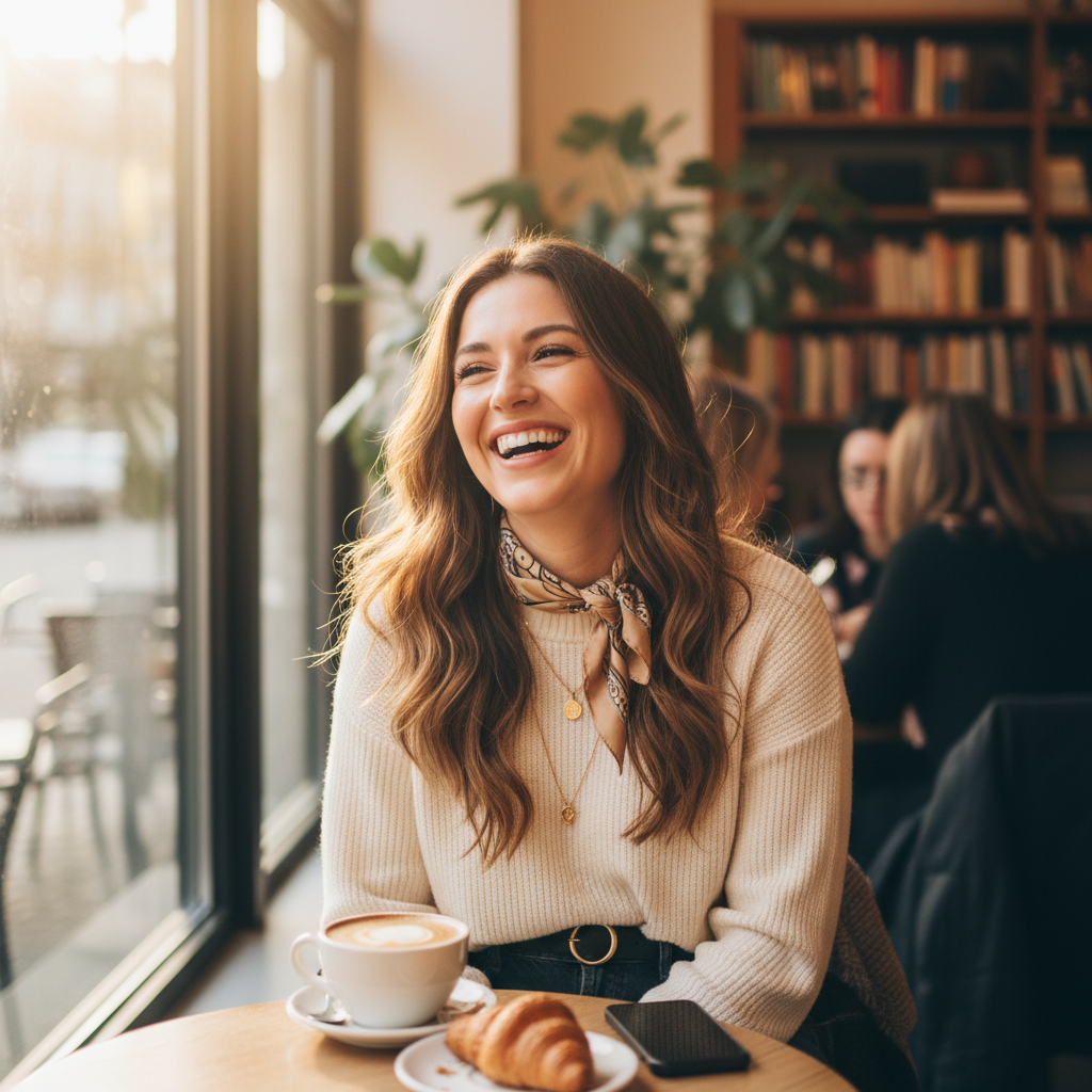 Stylish AI dating profile picture of a woman laughing in a trendy coffee shop with soft window light