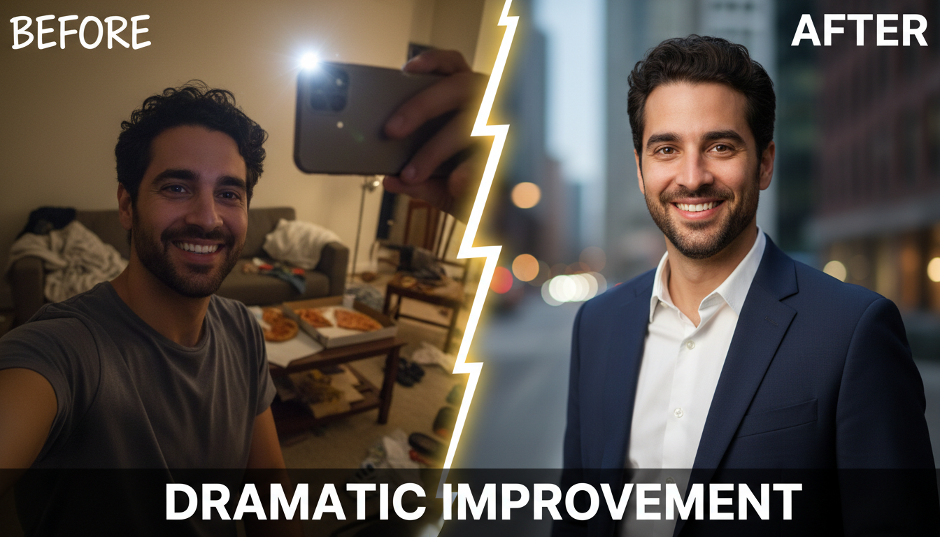 Before and after — a casual selfie transformed into a polished dating profile picture by AI