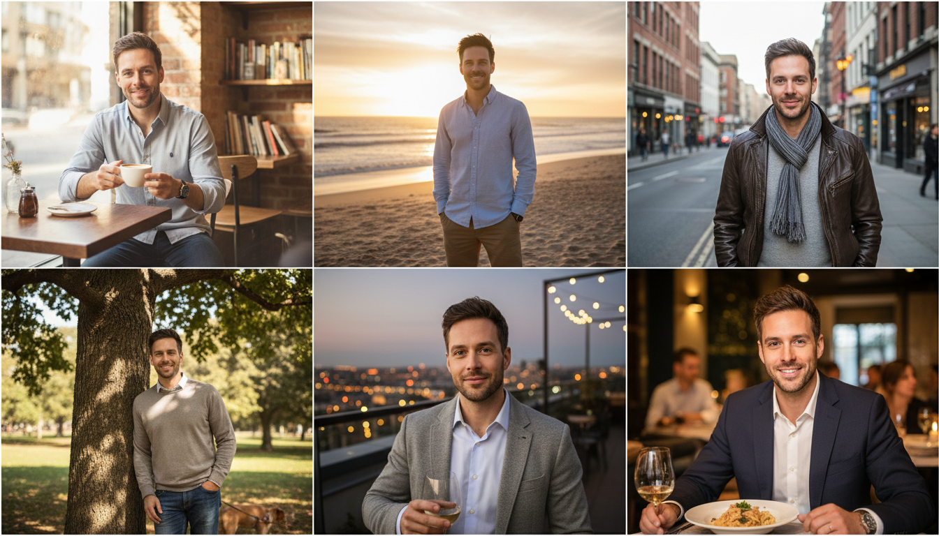 Grid of six AI dating profile pictures of the same person in different flattering settings and lighting