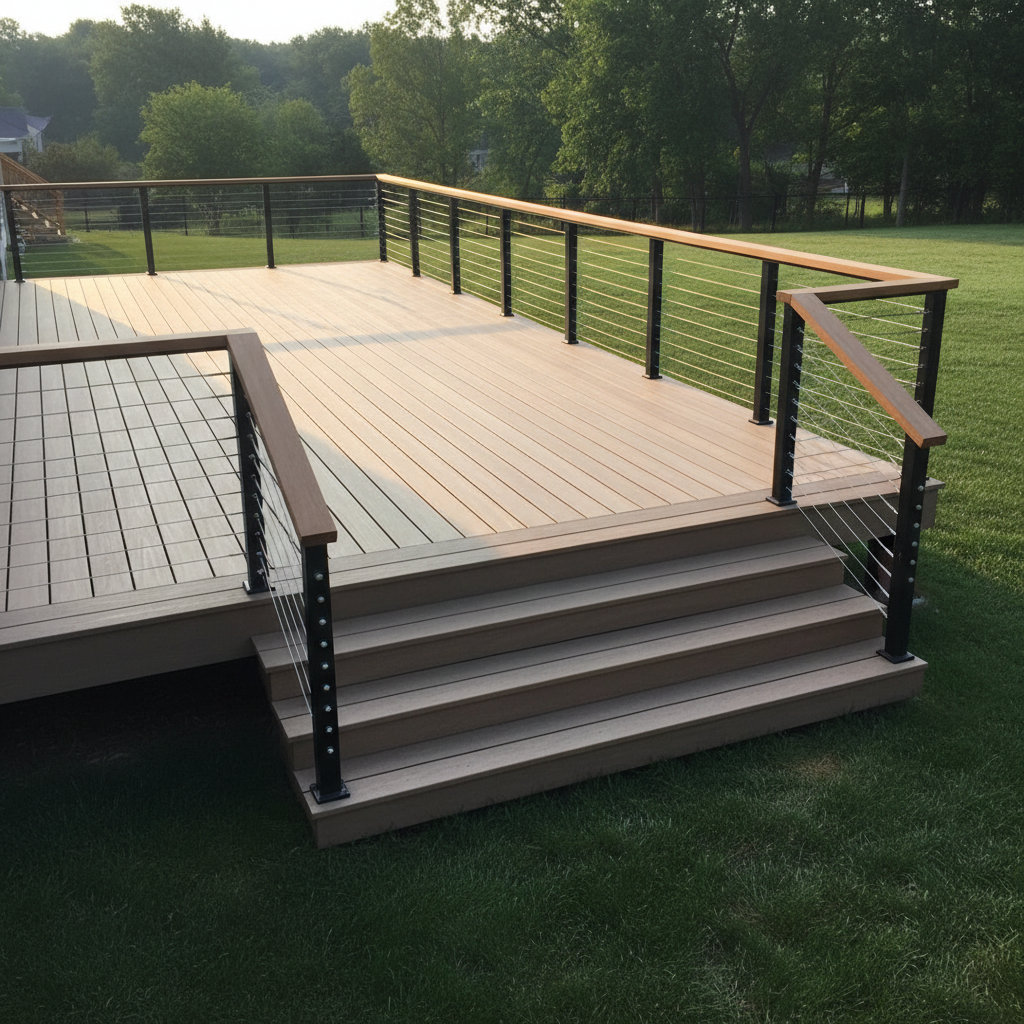 AI deck design generator result: a low composite deck with stainless cable railing and a wide stair down to a mown lawn in late evening light. The cable infill is the convincing part, tensioned cleanly through slim black posts under a broad timber top rail, and the grass and treeline behind it are photographic. Almost nothing else survives a second look. Five steps were asked for and three arrived. The boards were specified as one continuous run in a single direction, and the floor arrives split into two fields meeting on a diagonal seam, with one stray grey board left in the middle of a warm tan surface that was supposed to be warm grey throughout. The top rail on the right runs down beside the stair and stops square in mid air instead of returning to a post, and the near stair guard fans its cables into a cross rather than holding them horizontal.