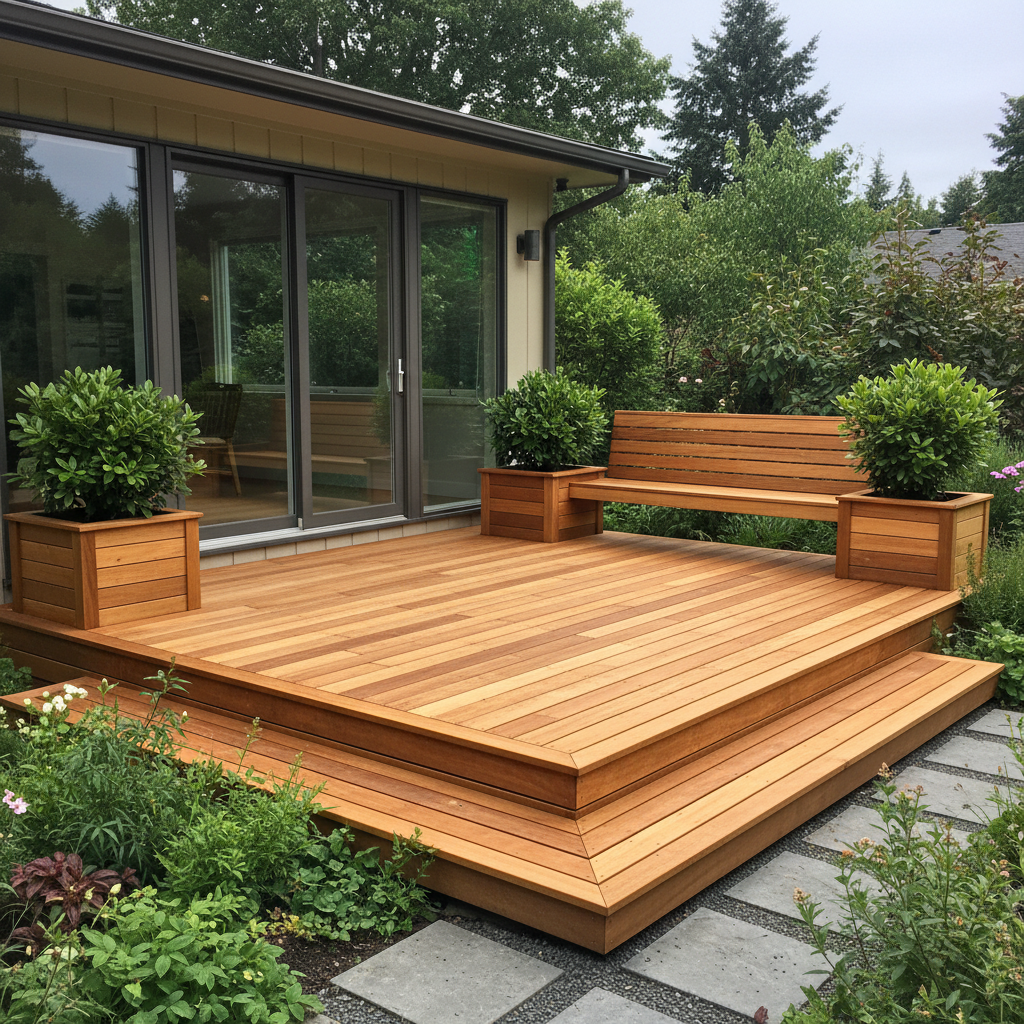 AI deck design generator result: an oiled cedar deck outside a set of grey sliding doors, with a slatted built-in bench, three square planters and a broad step wrapping around two sides down to a paved path. The cedar is excellent, with honest straight grain, consistent board widths and a step nosing that reads as a genuinely machined edge. The brief was two usable levels with three broad steps between them, and the model flattened that into one platform with a single wrapping step, which is the commonest way a change of level quietly disappears from a render. The bench is the other invention: the seat spans from planter to planter with no leg and no bracket anywhere under the middle of it, the slatted back covers only part of its length, and the right hand planter overhangs the deck edge into the planting. The deck also meets the house siding directly, with no flashing and nothing where a ledger would be.