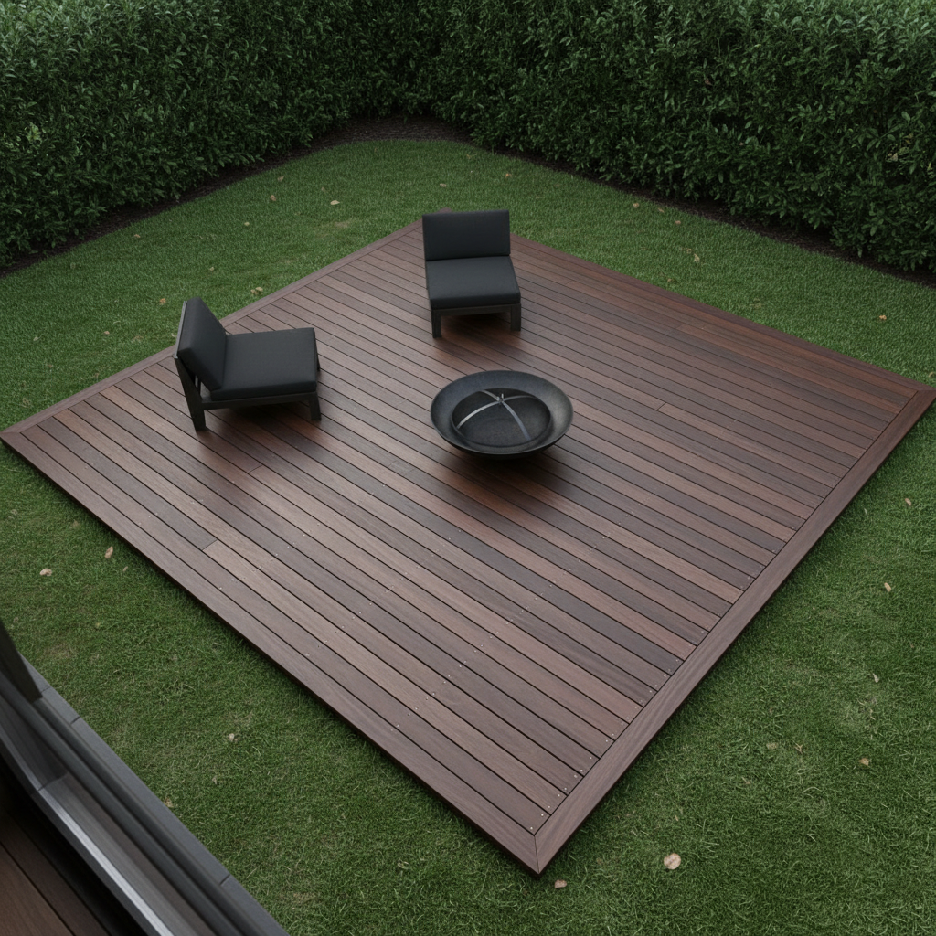 AI deck design generator result: a low ipe hardwood platform with a mitred picture frame border, a black steel fire bowl and two chairs, set into a lawn inside a clipped hedge. This is the strongest image in the set. The border runs the full perimeter, the corners are properly mitred, the field boards all run one way, the gaps are even, and there is not one visible screw head anywhere, which is exactly what a hidden fastener system is bought for. What it will not show you is that a deck is a structure. The platform sits straight on the grass with no frame, no gravel, no ground clearance and no air gap beneath it, which is how a hardwood deck rots in five years. The butt joints in the field fall at random rather than landing on a joist line, and the low lounge chairs that were asked for came back as small armless seats.