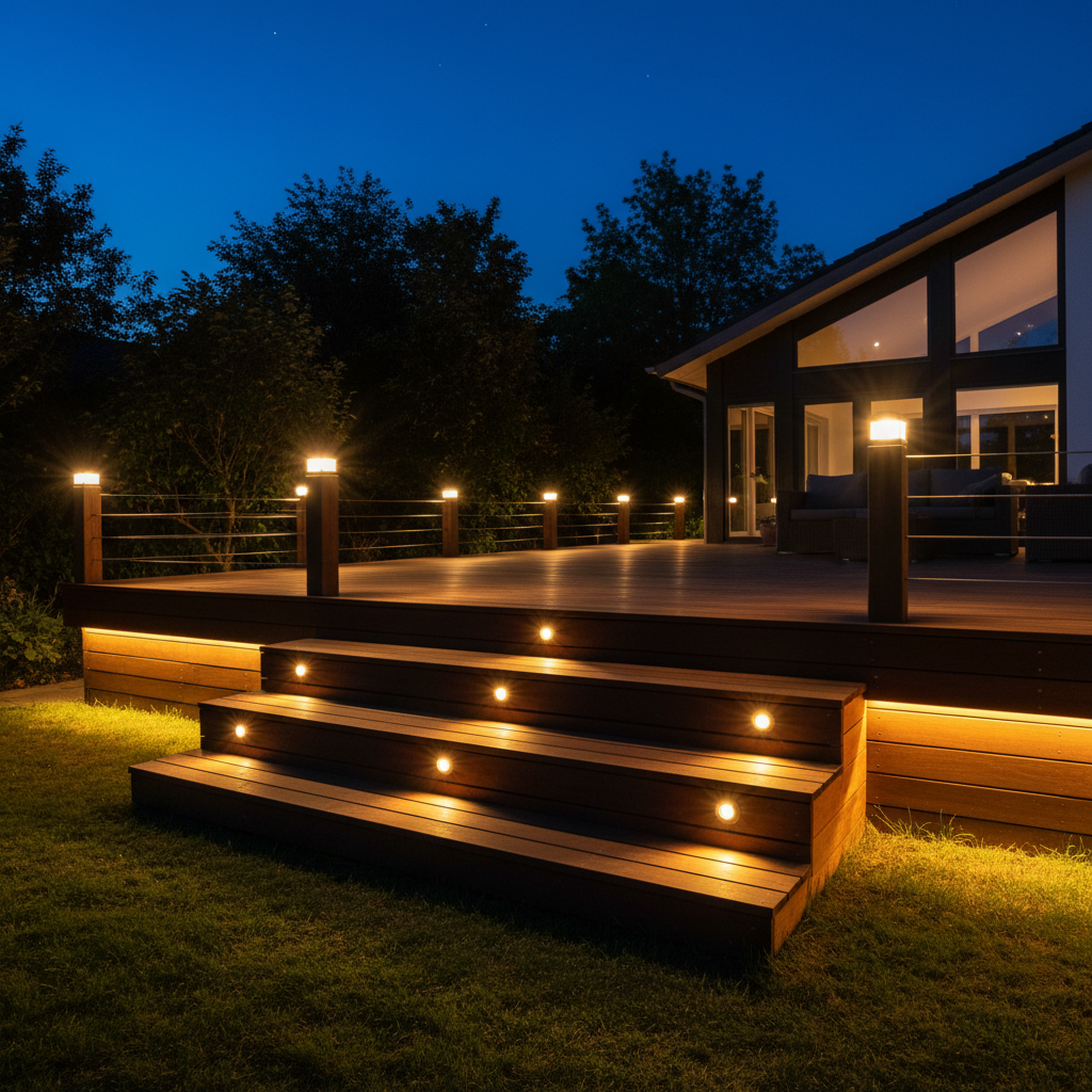 AI deck design generator result: a timber deck at dusk lit entirely by its own fixtures, with glowing post caps, lit steps and a warm strip washing the fascia and the grass beyond it. Put the light source in charge of the whole frame and the model gets the physics right: the falloff into the trees is correct, the grass at the foot of the steps takes real spill, the boards pick up warm reflections along their length, and the deep blue sky is exactly right for the hour. The design detail is wrong in a way that matters. The step lights were specified in the risers and arrived recessed into the middle of the treads, where a real fixture sits underfoot and glares straight up at anyone using the stair. Their spacing changes from step to step, the post caps along the railing sit at uneven centres, and the guard stops dead at the left hand post without returning to anything.