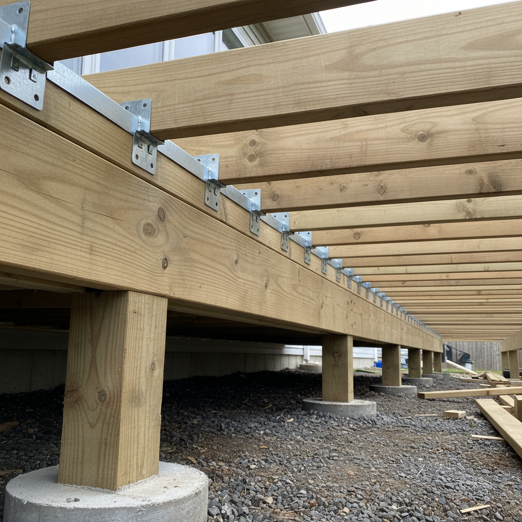 AI deck design generator result: the bare pressure treated frame of a raised deck seen from underneath, with joists running away from the camera, posts on round concrete piers and gravel below. Half of this is the most useful picture on the page, because almost no design tool will show you a deck with the boards off. The other half is worth arguing with. The joists both sit on top of the beam and hang from brackets fixed beside them, which is two different ways of carrying the same load applied at once. The beam is a single member where a doubled one was asked for. The posts land straight on the concrete with no standoff base, so end grain sits in whatever water the pier collects. Post spacing wanders, there is no blocking anywhere between the joists, and the ledger and flashing at the house wall, which is the connection that actually fails, is missing from the frame entirely.