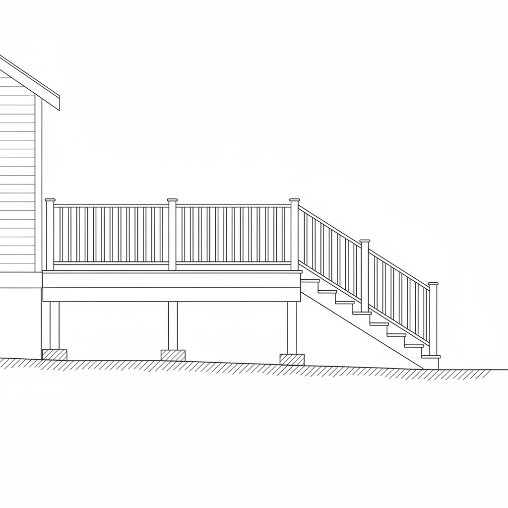 AI deck design generator result: a flat line elevation of a raised deck against a house wall, with a baluster guard, a fascia band, three posts beneath and a stair descending to a hatched ground line. It is clean, square and completely free of text, which makes it the most useful of the six to put in front of a builder, and it is also the clearest picture of what these renders leave out. The footings are drawn as small pads resting on top of the ground line, where the real thing goes below the local frost depth, so the most expensive part of the job is drawn as the smallest. No beam appears under the deck, so the posts run straight up into the fascia and the structure is left ambiguous. There is no ledger at the wall, no joists indicated, and not one dimension anywhere on it, which is the honest limit of the whole exercise.