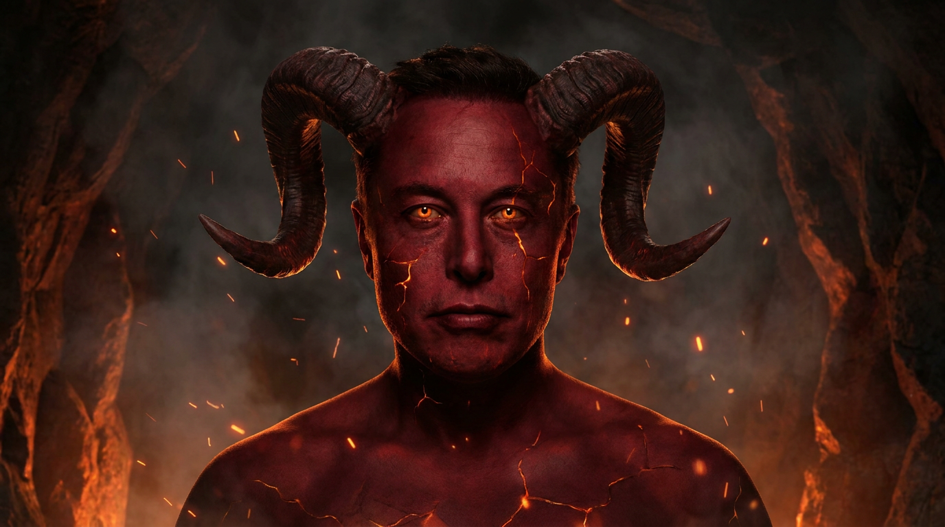 AI demon generator result showing a person turned into a classic red demon with deep crimson skin, glowing amber eyes, and sharp curved horns amid smoke and embers in a hellish cavern, real face preserved