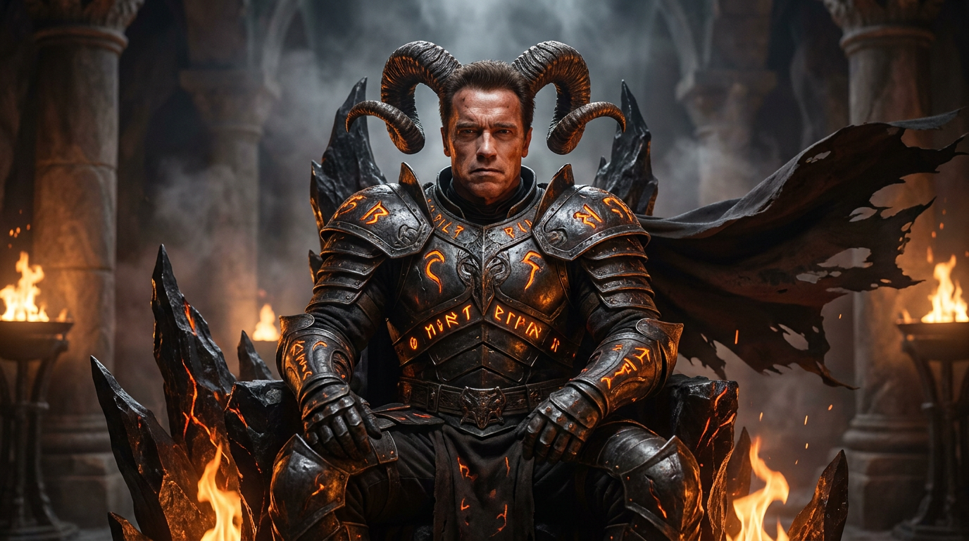 AI demon generator result showing a person as a demon overlord in blackened spiked armor with glowing molten runes and twisted horns on an obsidian throne of fire, real face kept recognizable