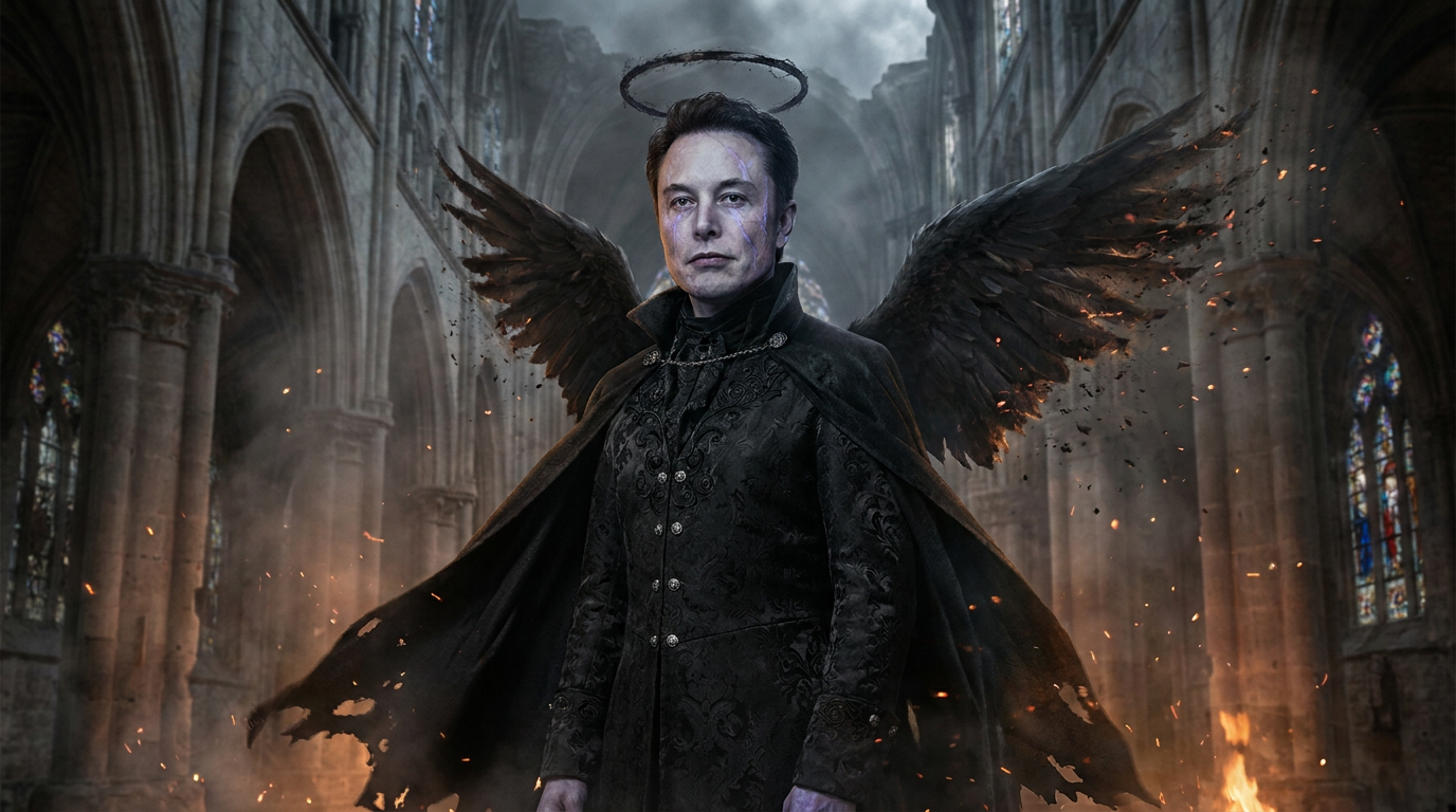 AI demon generator result showing a person as a fallen-angel demon with dark feathered wings turning to ash, pale glowing-veined skin, and gothic black attire in a ruined cathedral, real facial features recognizable