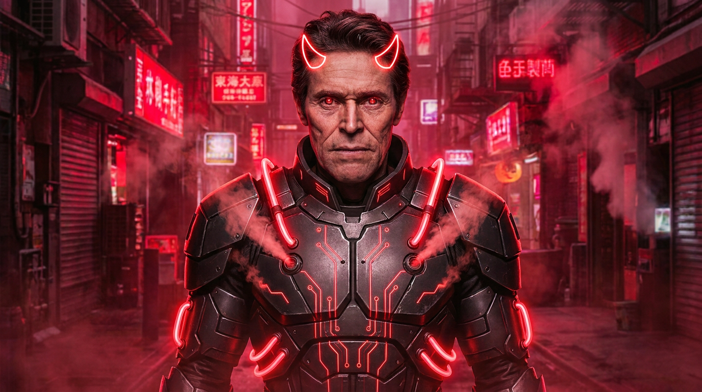 AI demon generator result showing a person as a cyber demon with metallic dark armor, neon-red glowing horns and circuitry, and smoke vents in a dystopian neon-lit underworld, real facial features recognizable
