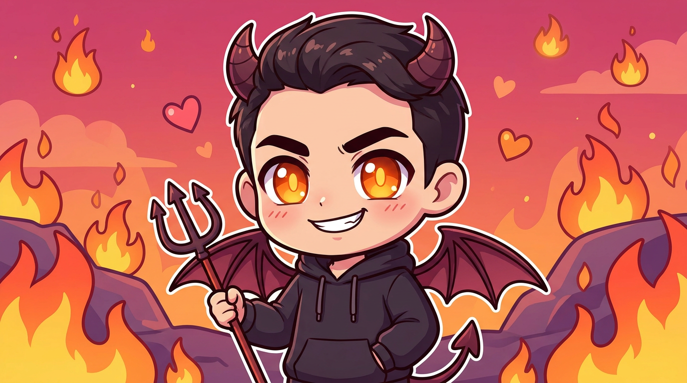 AI demon generator result showing a person as a cute anime-style chibi demon with big glowing eyes, tiny horns, small bat wings, and a tiny pitchfork in a colorful cartoon hell scene, real facial features recognizable