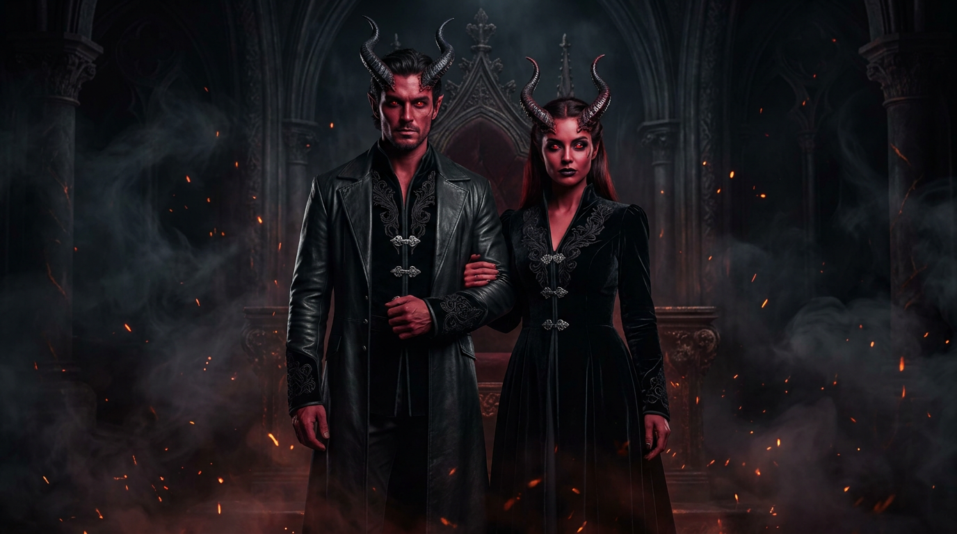 AI demon generator result showing a couple turned into matching demons with crimson-tinted skin, curved horns, and coordinated dark gothic outfits in a fiery underworld throne room, both real faces preserved