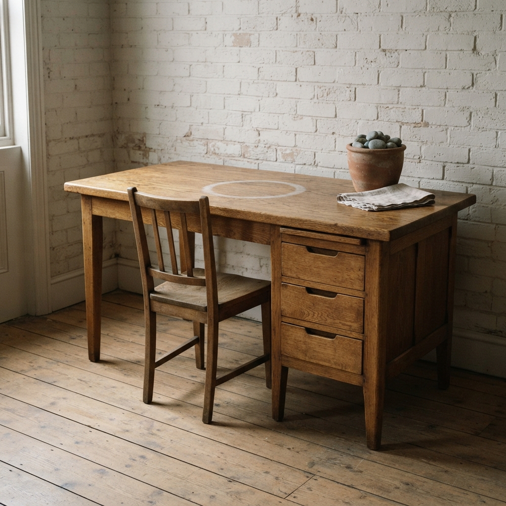 AI desk design generator result: an old darkened oak writing desk with a three-drawer block and routed finger pulls, standing on floorboards against a painted brick wall.