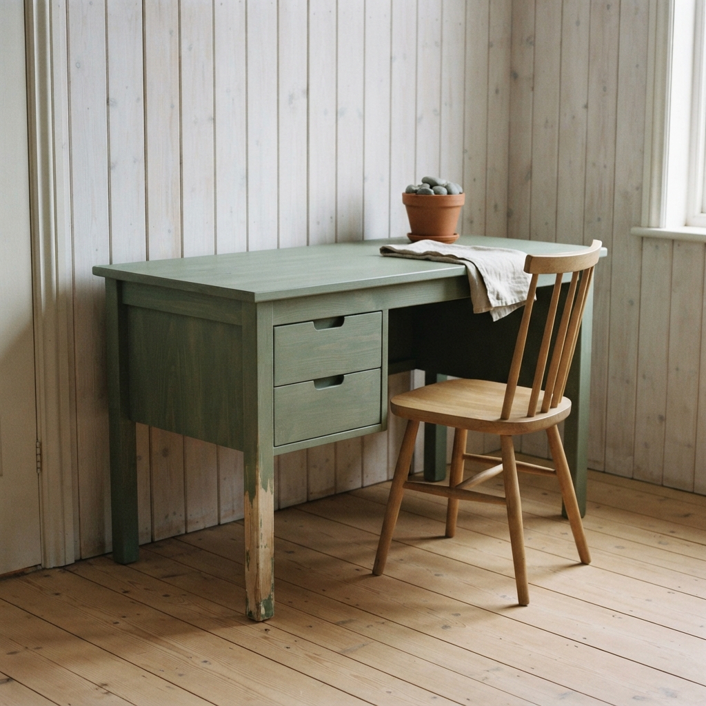 AI desk design generator result: a sage green painted desk with two drawers and the paint chipped back to bare timber on the front left foot.