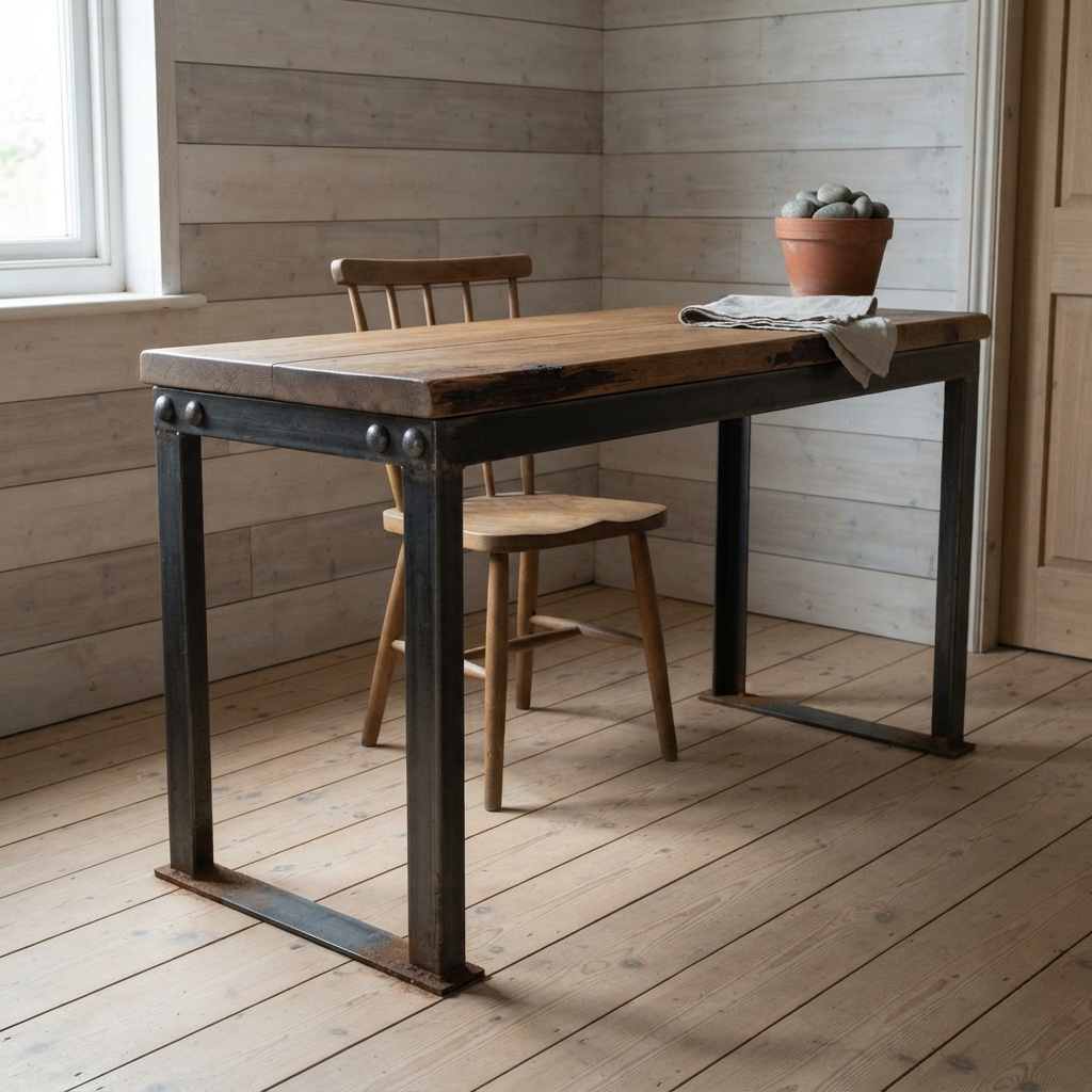 AI desk design generator result: an industrial desk with a blackened steel frame, chunky bolt heads proud on the rail and a thick elm top, rust blooming at the foot plates.