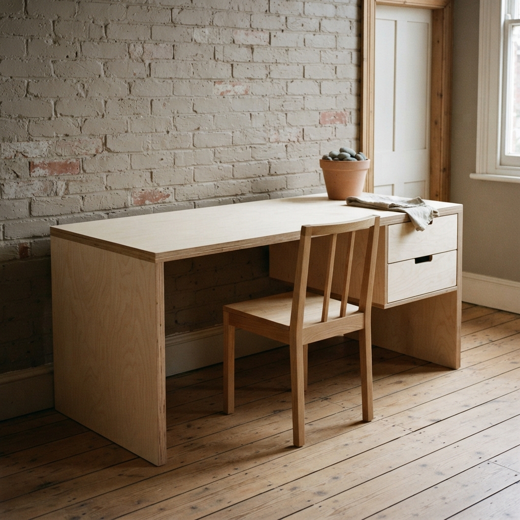 AI desk design generator result: a pale birch plywood desk with panel legs, visible laminated edges and a two-drawer block, against a painted brick wall.
