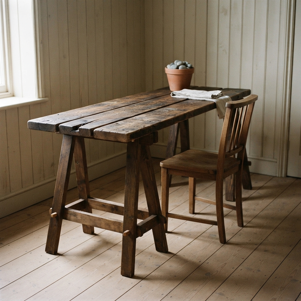AI desk design generator result: a reclaimed scaffold board desk on two splayed timber trestles with oak pegs driven right through the legs.