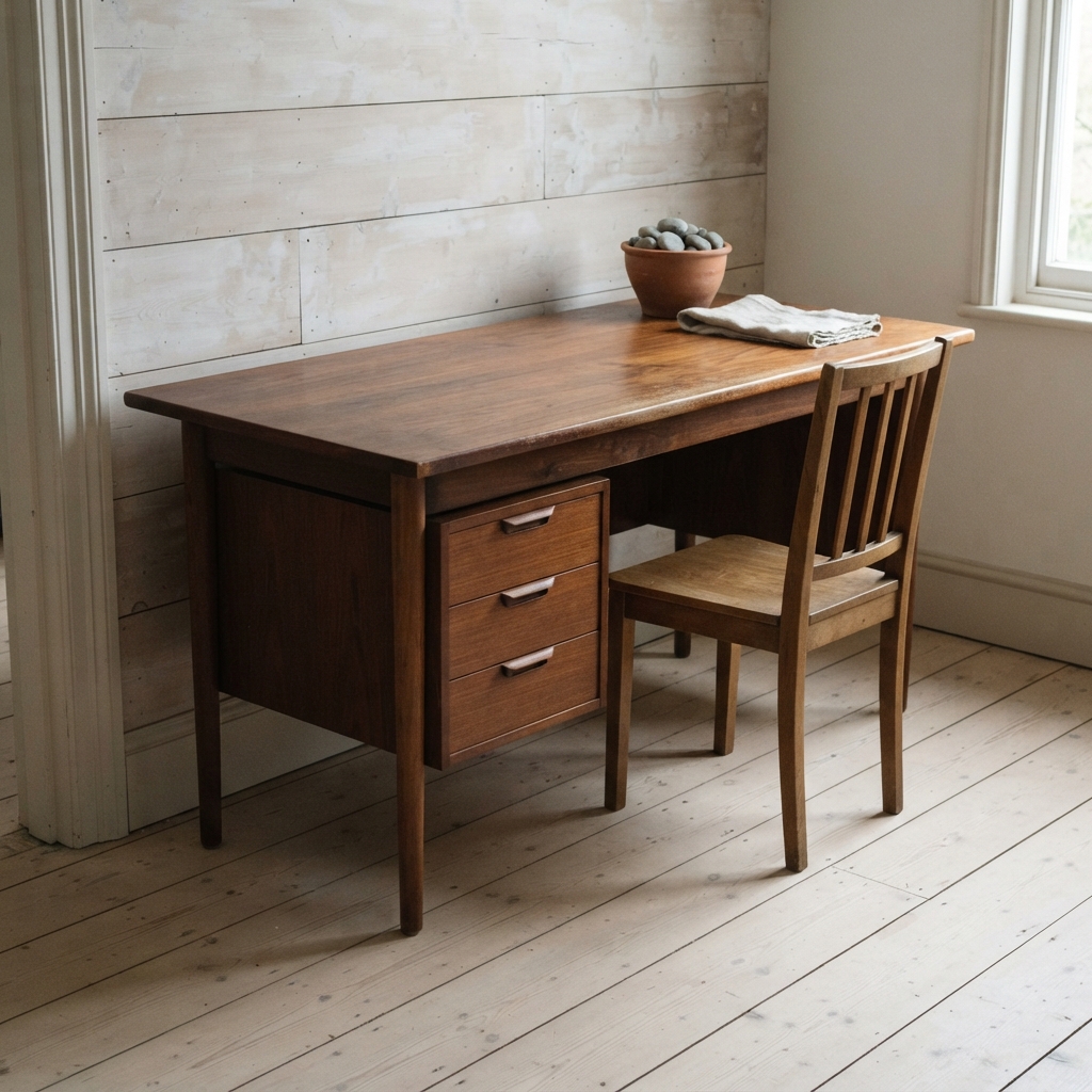 AI desk design generator result: a mid-century walnut desk with three drawers, routed finger pulls and round tapered legs, against limewashed boarding.
