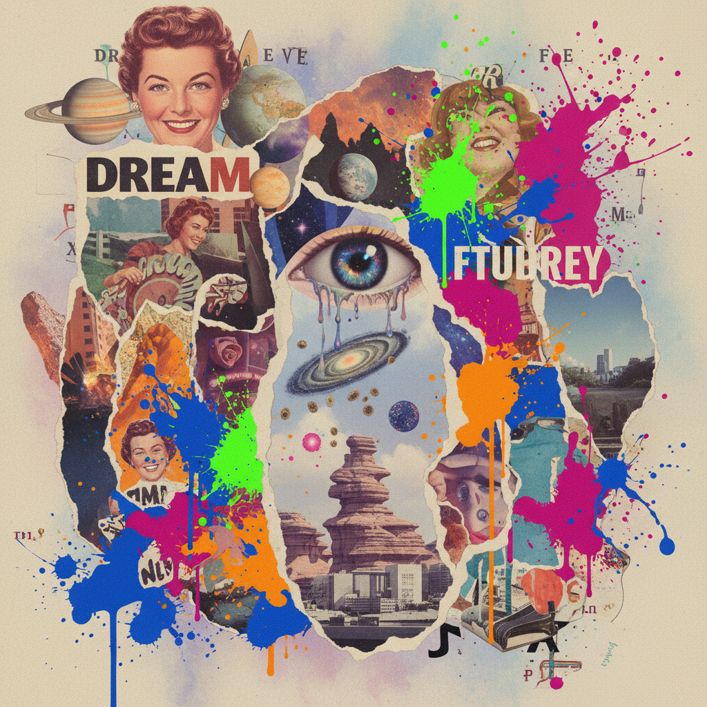 Vibrant AI digital collage with vintage magazine cutouts, torn paper textures, and bold typography fragments