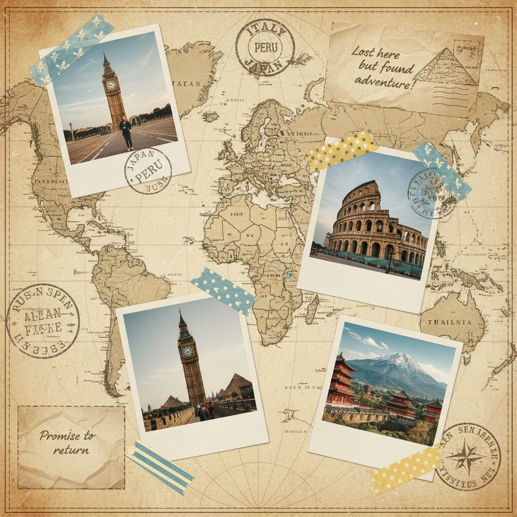 Travel memories AI digital collage with passport stamps, polaroid landmark photos, and a vintage world map