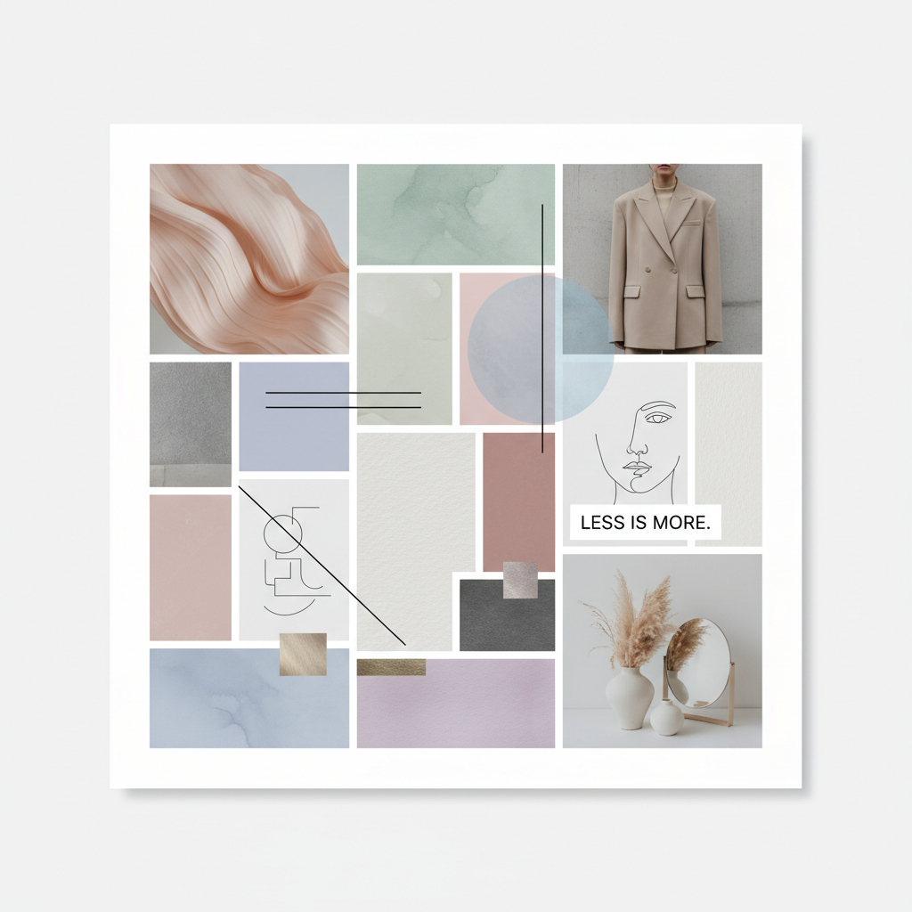 Modern aesthetic AI digital collage mood board with pastel palette, fashion cutouts, and minimalist composition
