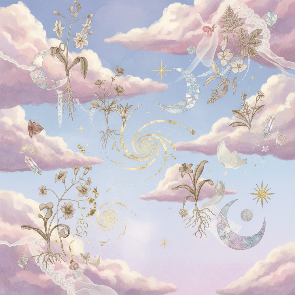 Surreal dreamscape AI digital collage with floating clouds, vintage botanicals, and pastel ethereal palette