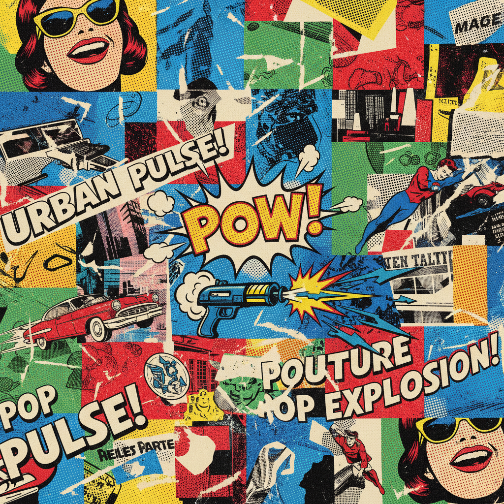 Pop art AI digital collage with halftone dots, comic book elements, and bold primary colors