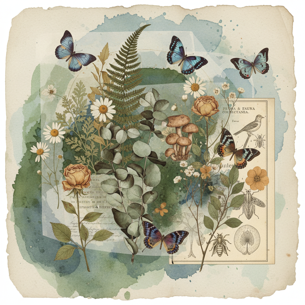 Nature-themed AI digital collage with pressed flowers, botanical illustrations, and butterfly elements