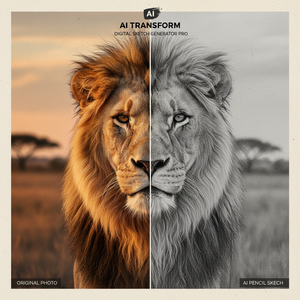 AI digital sketch generator hero — split screen showing a photograph transforming into a beautiful AI-generated pencil sketch with soft graphite tones, fine cross-hatching and paper texture