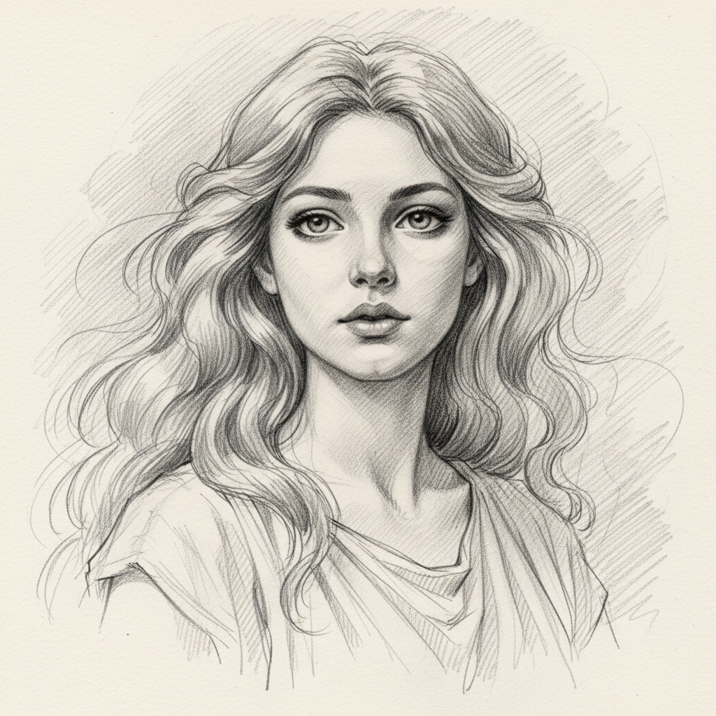 AI digital sketch art portrait — detailed pencil drawing of a young woman with flowing hair, expressive eyes, hand-drawn style with visible graphite strokes and soft shading