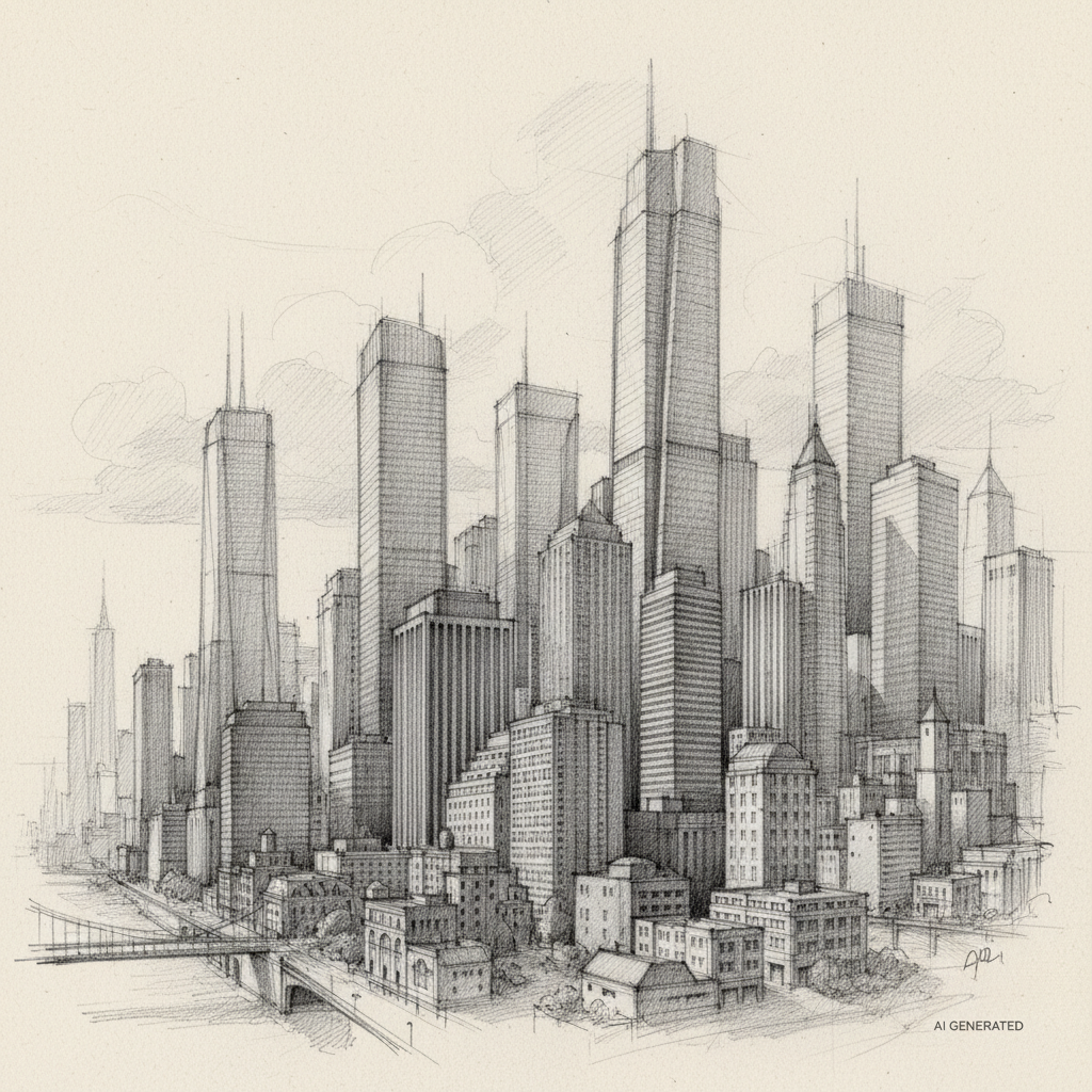 AI pencil drawings of a city skyline — architectural sketch with fine line work, perspective drawing of skyscrapers, cross-hatched shadows in monochrome graphite tones