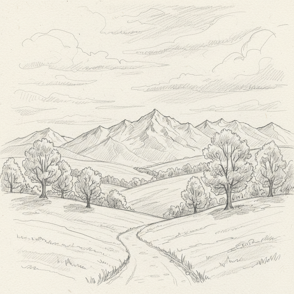 AI digital sketch of a serene landscape — rolling hills with trees, mountains in the distance, hand-drawn pencil sketch style with delicate shading