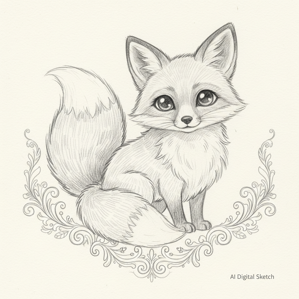 AI sketch art of an adorable fox in pencil drawing style with fluffy fur rendered in graphite strokes, expressive eyes, whimsical wildlife sketch
