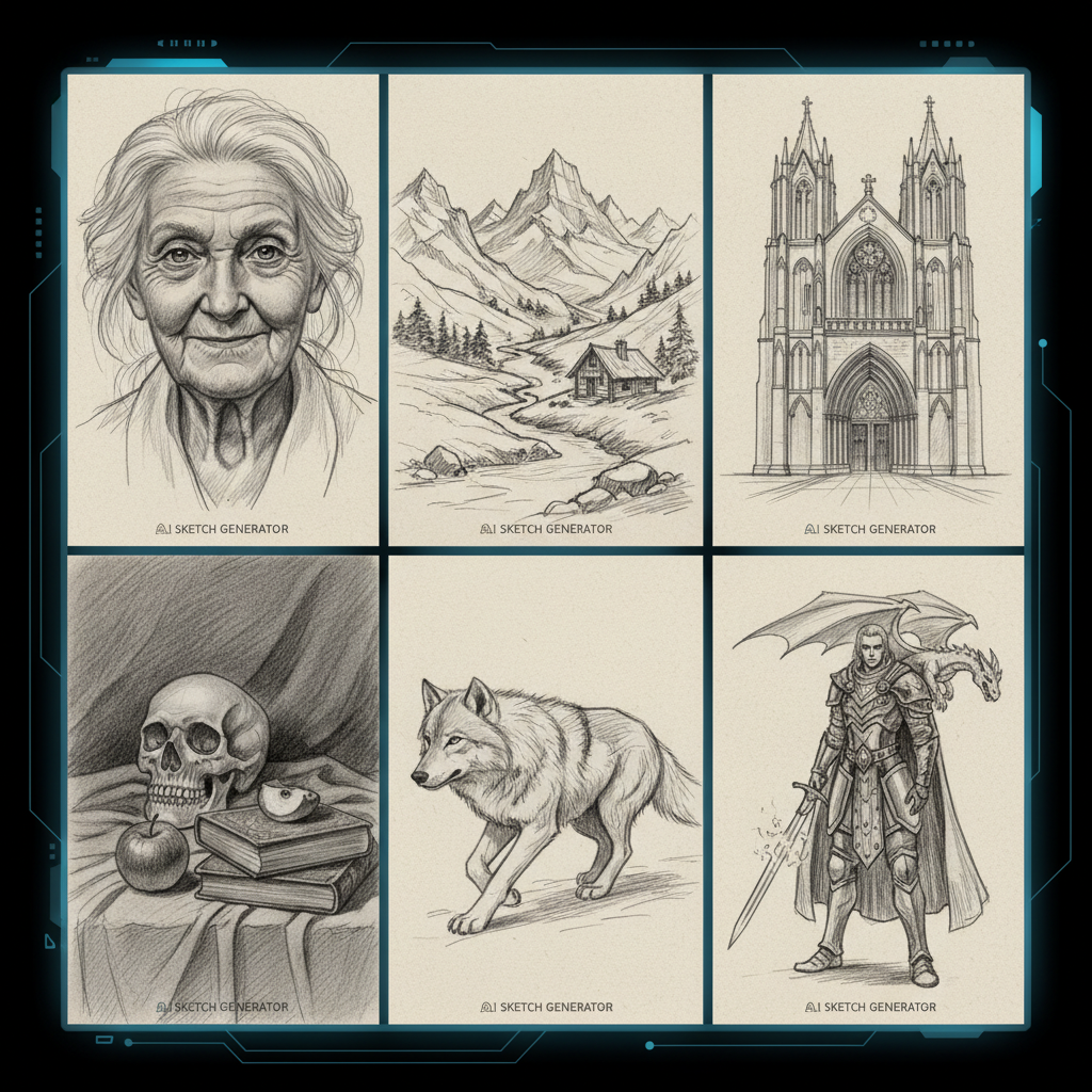 AI digital sketch generator gallery grid — six varied AI sketch images including a portrait, landscape, architectural drawing, still life, animal study and fantasy character in pencil drawing style