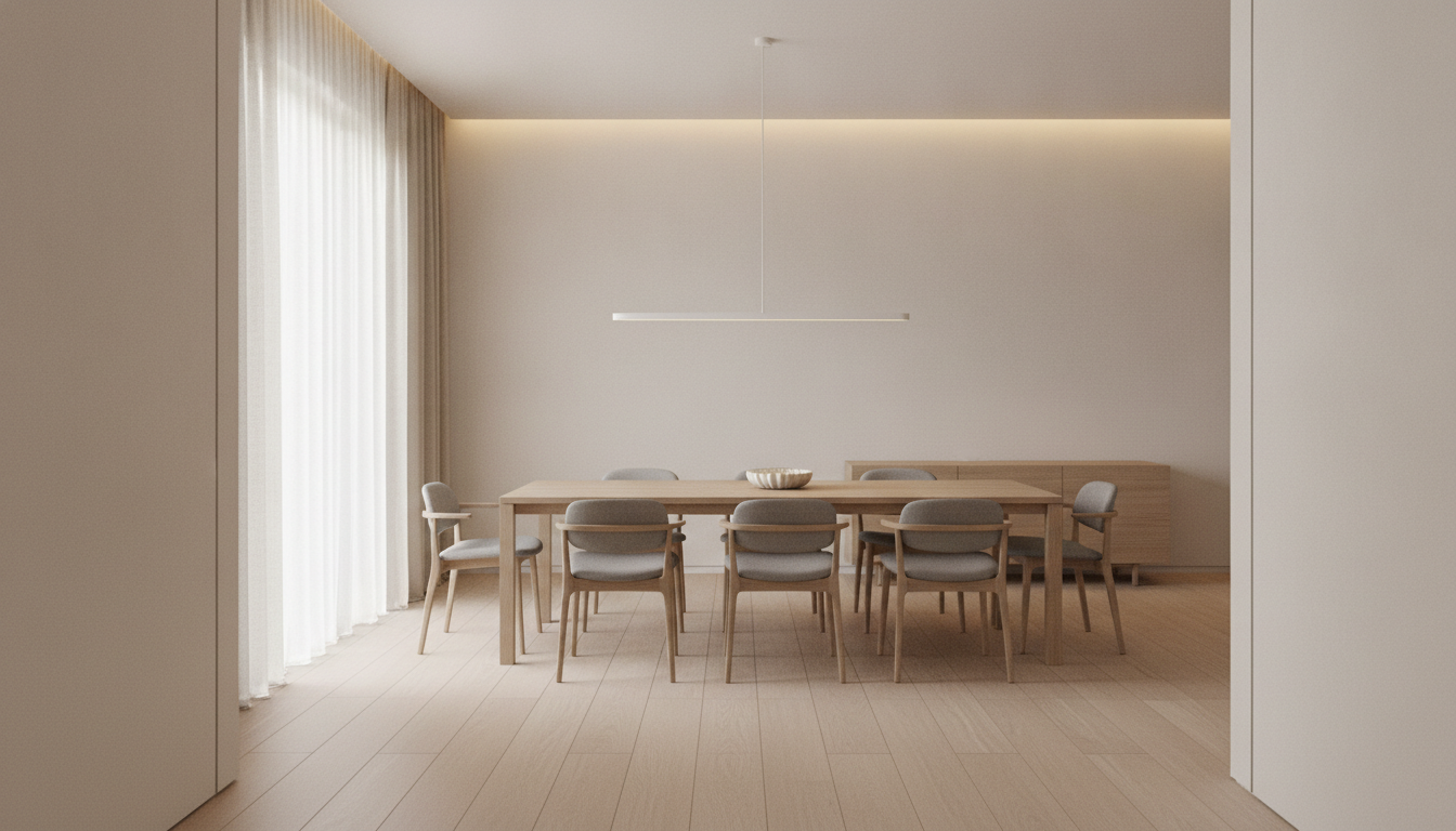 AI dining room design generator result in a modern minimalist style: off-white plaster walls, a wide pale oak floor, a long thin-edged oak table with low-back soft grey chairs, a low oak sideboard and a single slim linear pendant hung over the centre