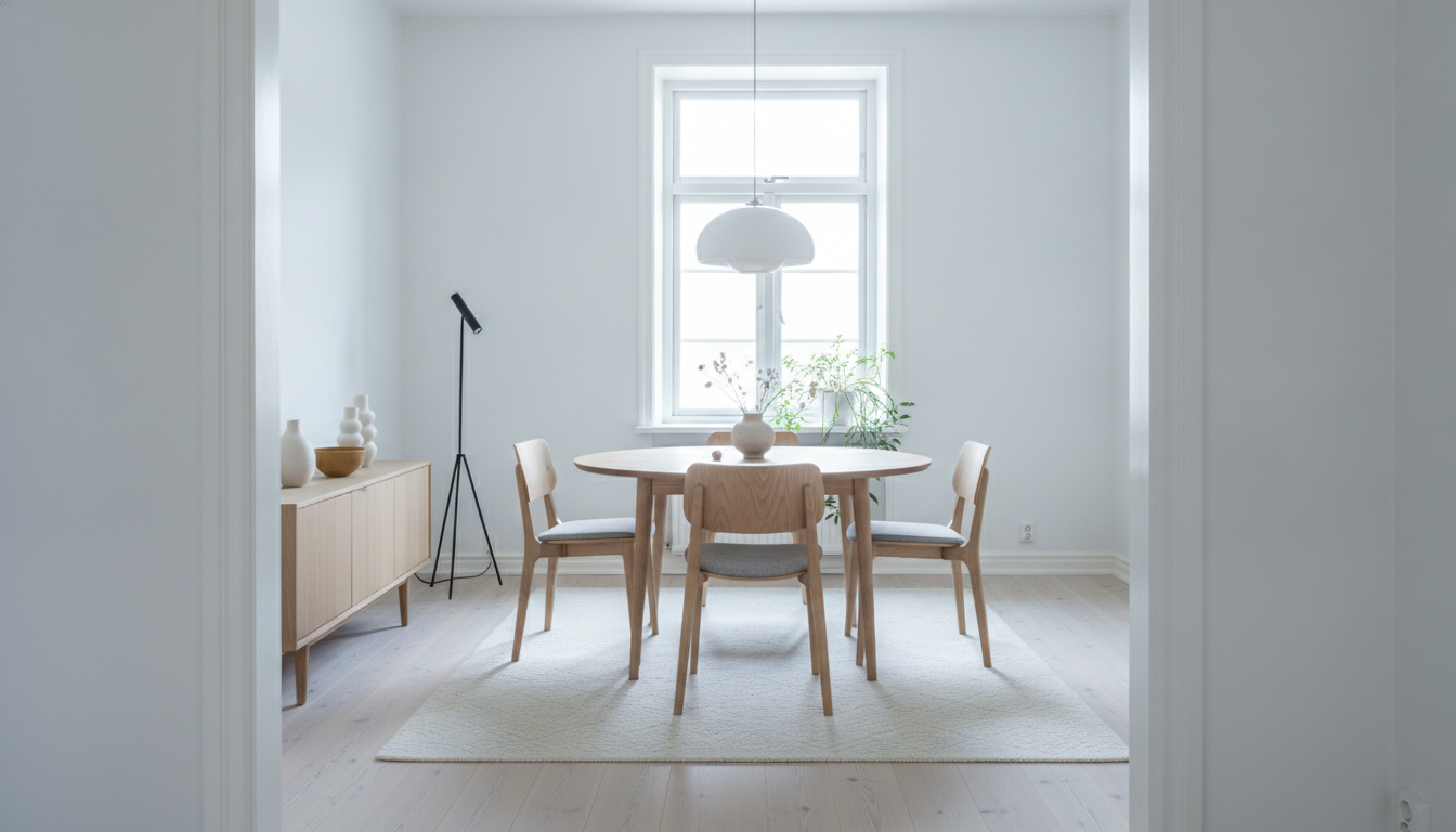 Scandinavian dining room generated by AI: crisp white walls, blonde ash floorboards, a round light oak table on tapered legs, moulded plywood chairs with grey felt seats, a white opal dome pendant and a mustard bowl on a low sideboard