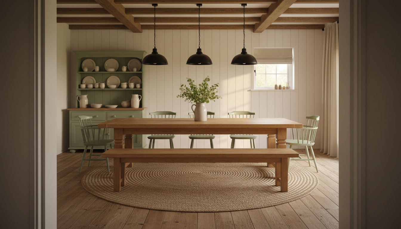 Rustic farmhouse dining room from the AI dining room design generator: whitewashed shiplap walls, reclaimed timber floorboards, a chunky oak refectory table with a long bench and sage spindle chairs, three black iron dome pendants, a sage dresser of cream crockery and exposed ceiling beams