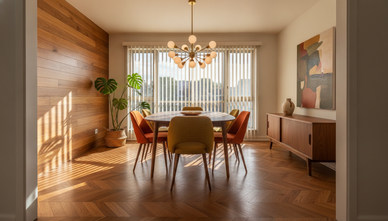 Mid-century modern dining room designed with AI: a walnut panelled wall, herringbone parquet, an oval walnut table on splayed legs, chairs upholstered in mustard and burnt orange, and a brass sputnik chandelier with opal glass globes