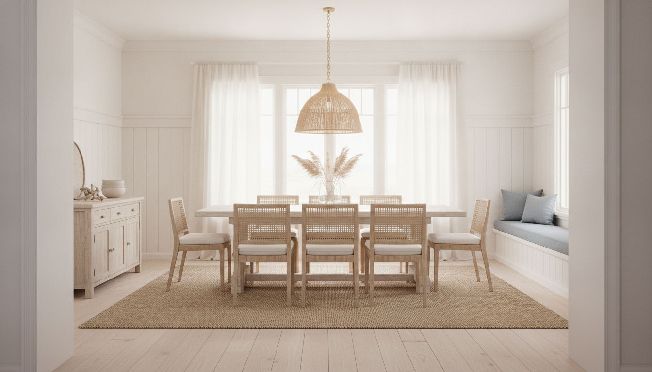 Coastal dining room created by the AI dining room design generator: chalky white tongue and groove panelling, bleached oak floorboards, a whitewashed table with woven rattan chairs, a rope pendant light and billowing white linen curtains