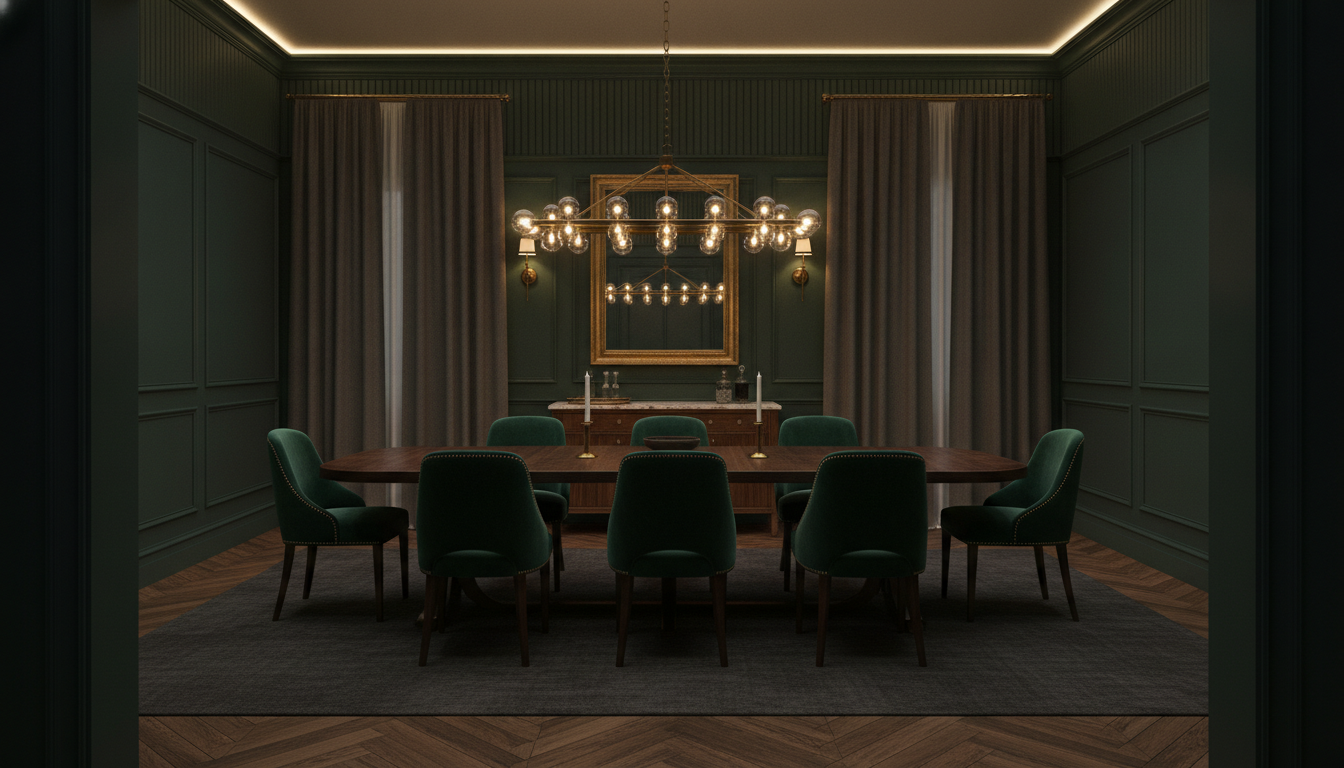 Moody formal dining room generated by AI: inky green fluted panelled walls, a dark herringbone floor, a long walnut table with emerald velvet chairs, a wide brass and glass globe chandelier, brass wall sconces and a gilt framed mirror